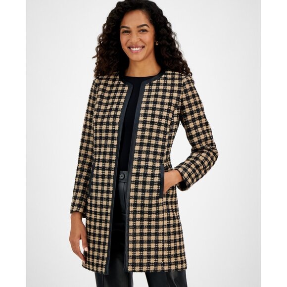 Kasper Petite Plaid Faux-Leather-Trim Open-Front Jacket Black Brown Size14P $159